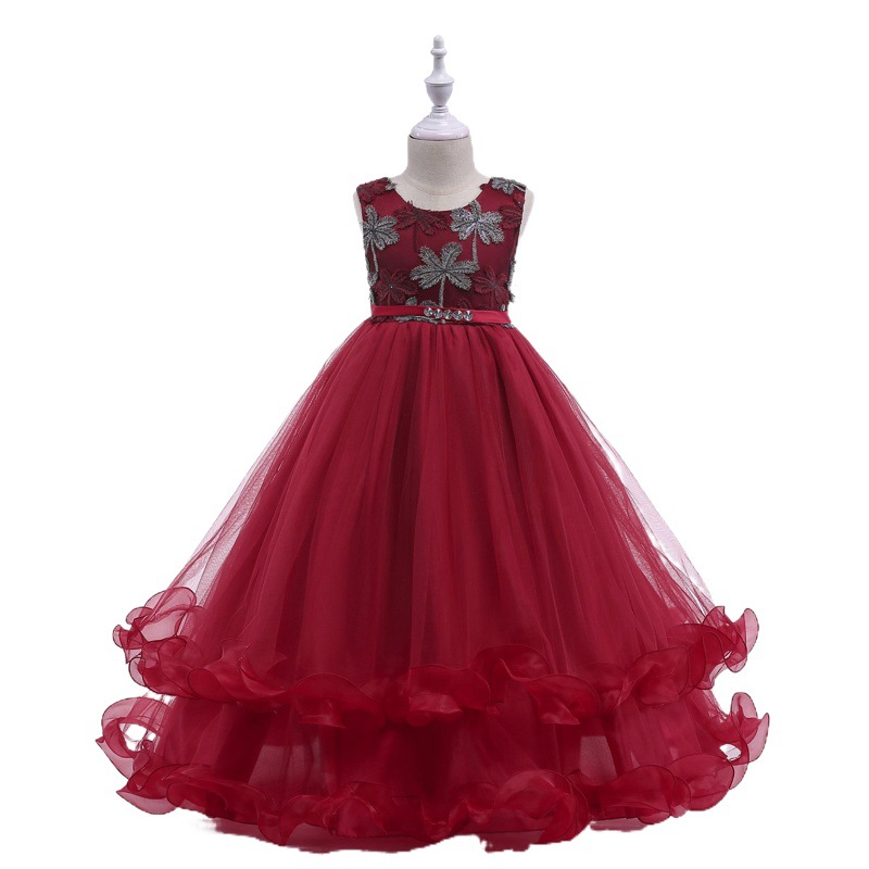 Foreign Trade New European and American Cross-border Children's Princess Dress Embroidered Coconut Tree Wedding Mesh Dress bbchildren