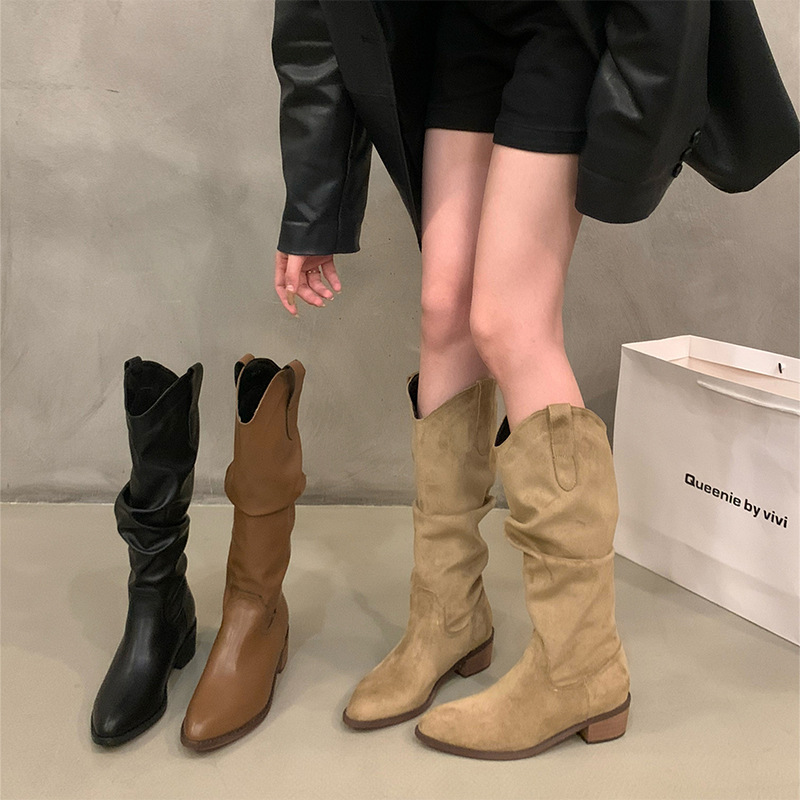 Thick Heel Retro Brown V-Mouth Heap Mob Boots Women's Shoes 2024 Pointed Toe Western Denim Mob Boots