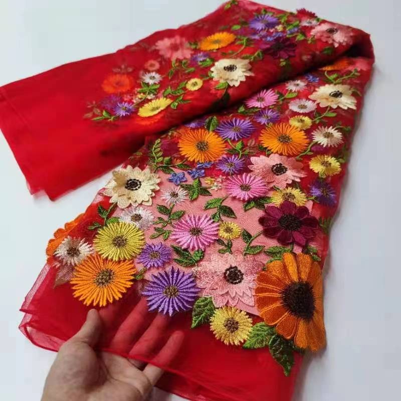 Picture of National cheongsam 3D three-dimensional floating flower mesh embroidery lace fabric unilateral sunflower dress dress fabric