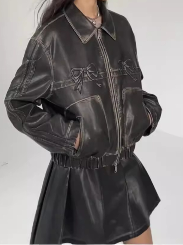 Picture of 2024 Cross-border New Autumn Bow Lapel Zipper Pocket Loose Casual Street Style Leather Jacket