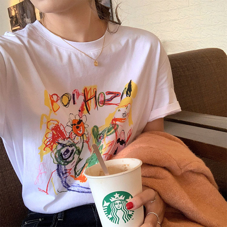Summer New Korean Style Cotton Loose Short-sleeved T-shirt Women's Graffiti Print Casual All-match Top Base Shirt Trendy