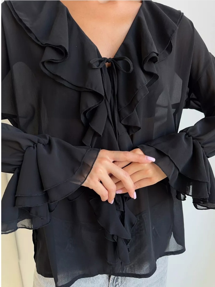 Picture of Spring European and American Style Cross-Border Women's New Fashion Ruffled Bell Sleeves V Neck Lace-Up Cross-Border Shirts for Women