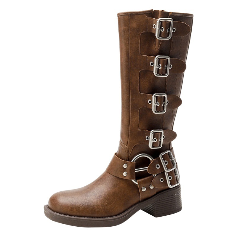 Special Offer Western Cowboy Boots for Women European and American Handsome Round Toe Metal Buckle Knight Boots Thick Heel Round Toe Boots Chimney Boots
