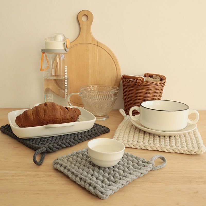 Handmade Cotton Coaster Scandinavian Style Plain Woven Insulation Pad Square Coaster Household Plate Mat Bowl Mat Square Mat