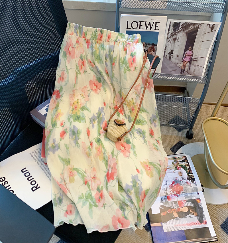 Floral High Waist Skirt Women's 2023 Summer New Design Sense Niche Slimming Chiffon Little A- line Skirt