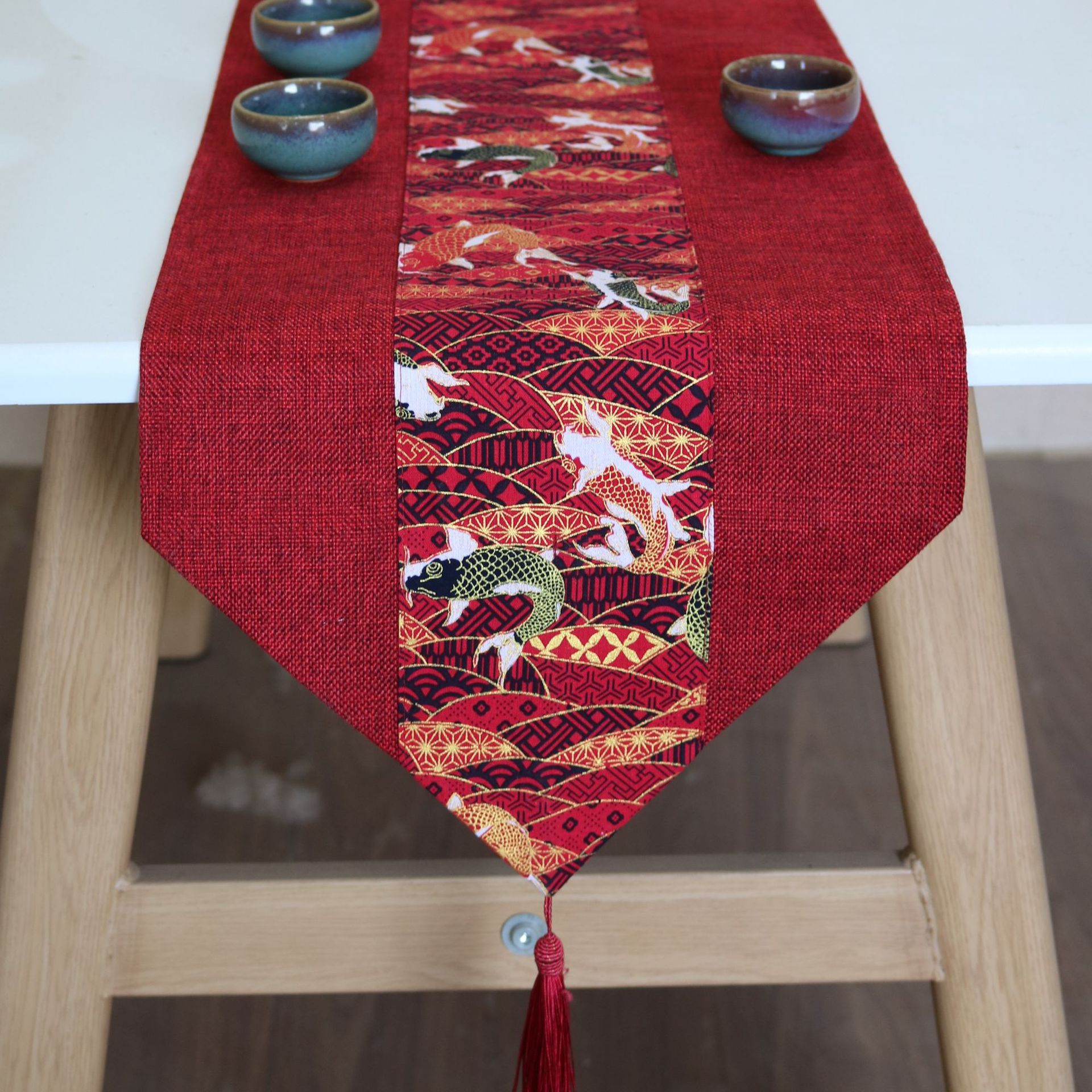 Picture of Chinese Wedding Ceremony Wedding Table Fabric Tea Table Festive Red Table Flag New Year Chinese Style Cotton and Linen Vintage Long Towel