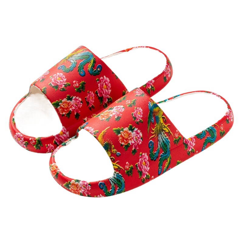 Chinese Style Northeast Large Flower Slippers for Women's Home Indoor New Thick-Soled Internet Celebrity Couple Outer Wear Sandals for Men Cross-Border