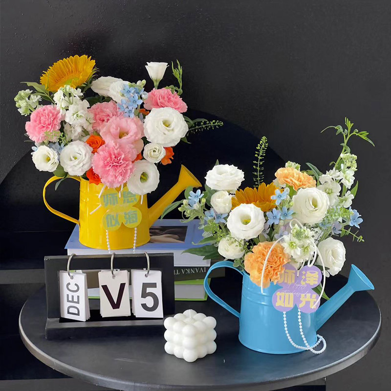 Internet Red Teacher's Day Flower-arranging Kettle Iron Decoration Small Kettle Flower Illustration Ornaments Flower Shop Creative Decoration