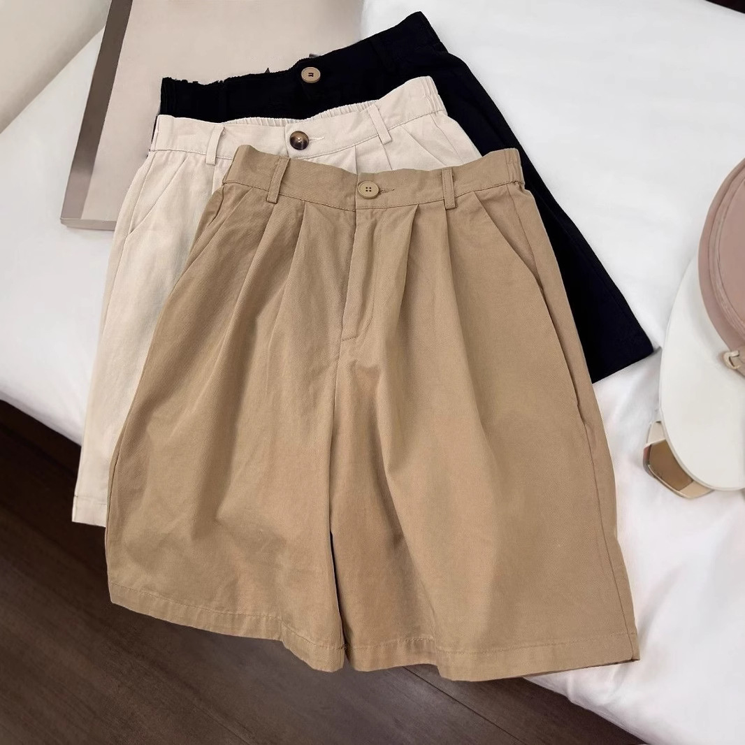 [Cotton Inner Hem] Casual Retro Cargo Shorts Women's Semi-Elastic 2025 Thin A-Line Summer Wide-Leg Pants