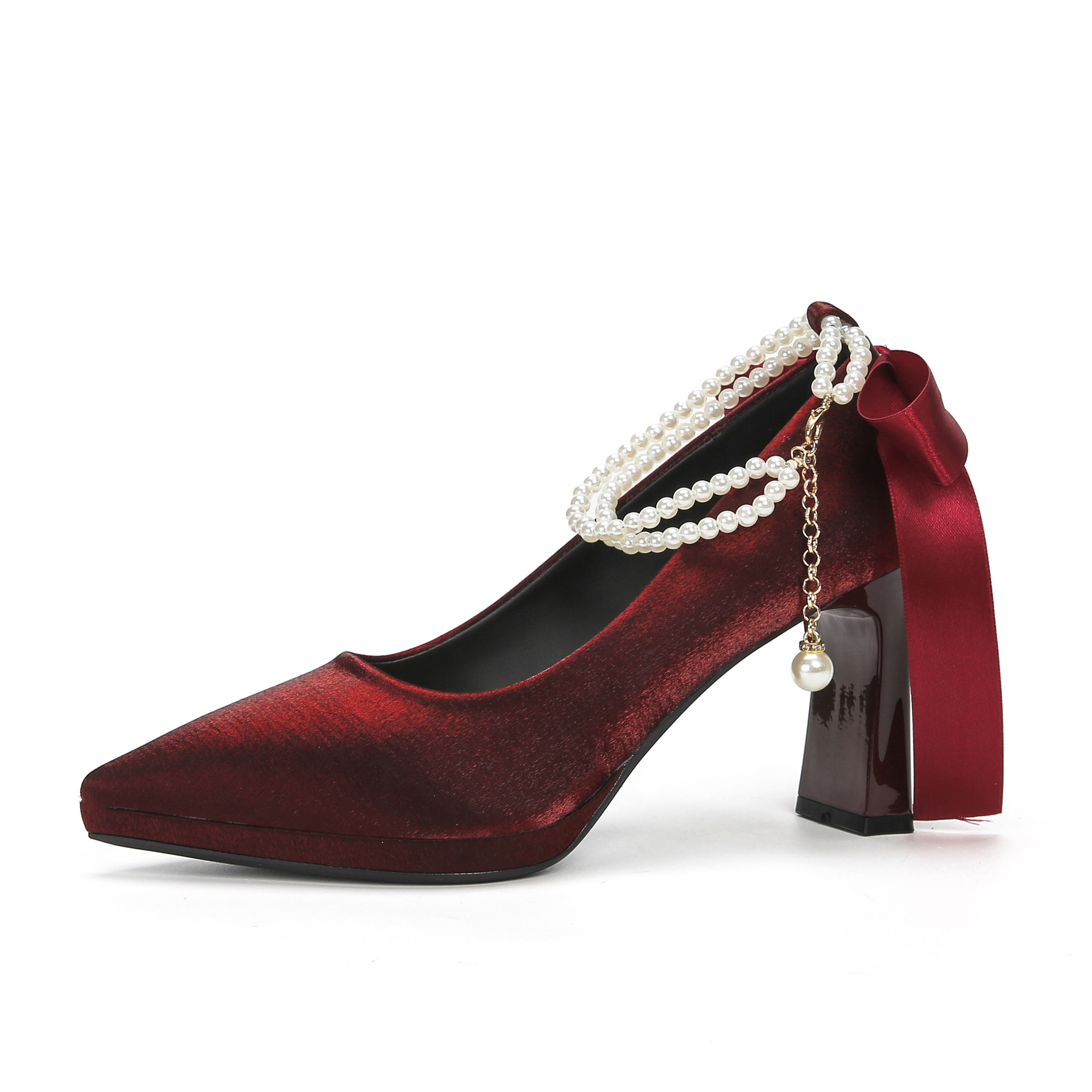Picture of 8066-7 Temperament French Suede Pointed Thick Heel Women's Bow Pearl Platform High Heel Shoes