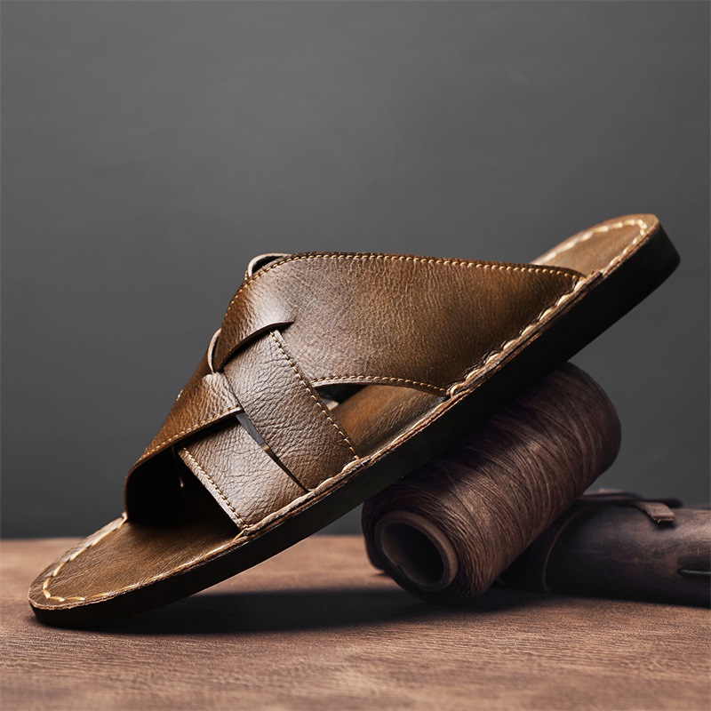 Summer Open Toe Men's Leather Slippers Cross-border Hot Selling plus size Outdoor Genuine Leather Breathable Casual All-match Beach Shoes