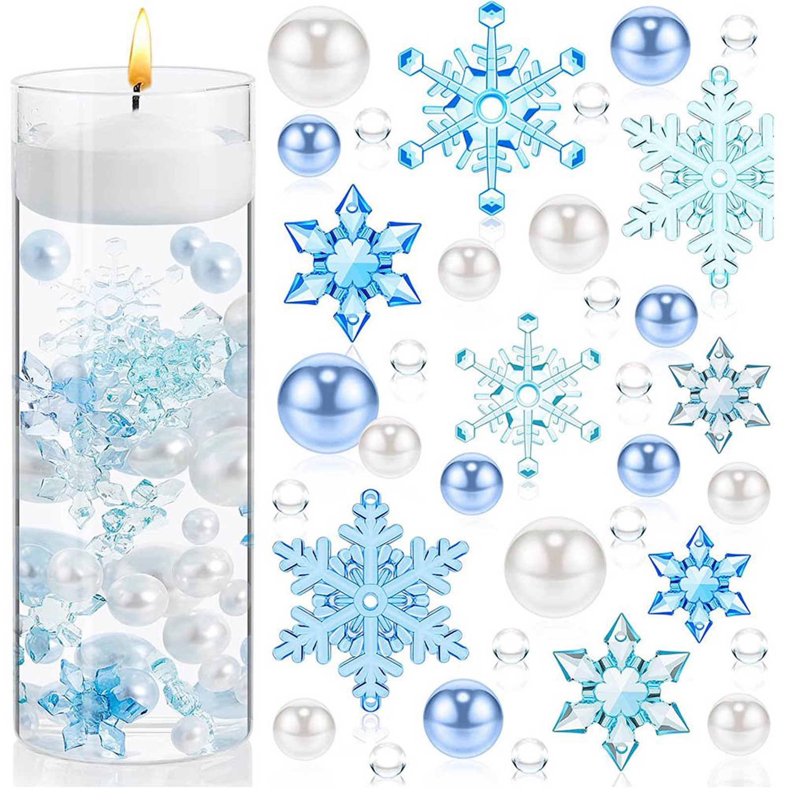 Snowflake Candlestick filled decorative snowflake Pearl vase filled floating beads candle Pearl water beads vase floating objects