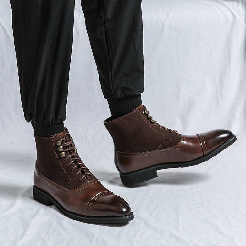 High-top business mid-barrel leather boots cross-border plus size personalized polished color men's shoes autumn and winter fashion formal pointed martin boots