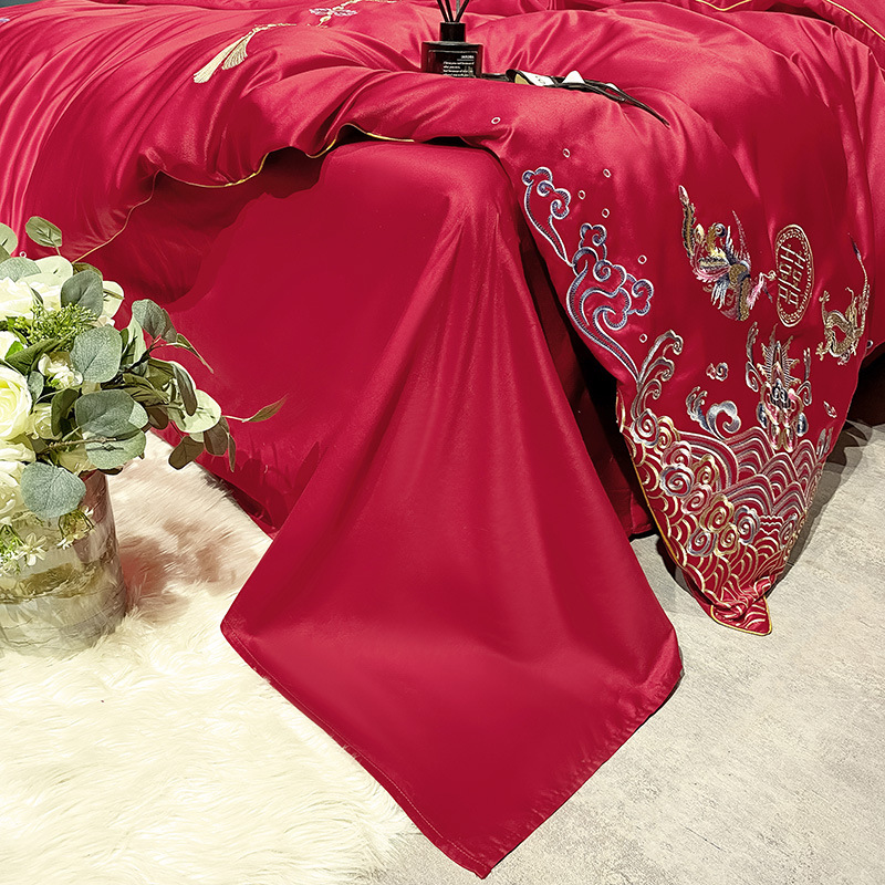 Picture of High-end European-style Wedding Four-piece Cotton Big Red Embroidered Sanding Quilt Cover Wedding Bedding Accompanying Wedding Room