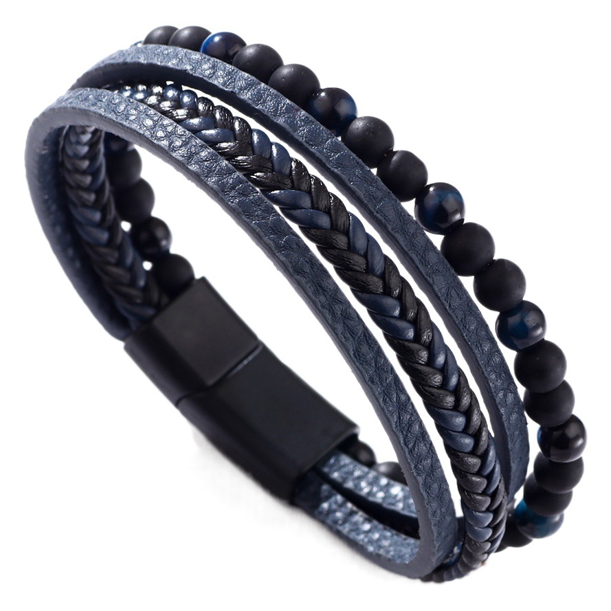 Amazon Bracelet Explosions Ins Style Men's Woven Tiger Eye Magnetic Buckle Bracelet Natural Stone PU Leather Vintage Bracelet