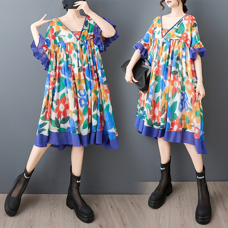 Actual Shot of 2025 New Summer Clothes, Japanese Style Splicing Printed Dress, Slimming Look Fat Girl Chiffon Loose Dress