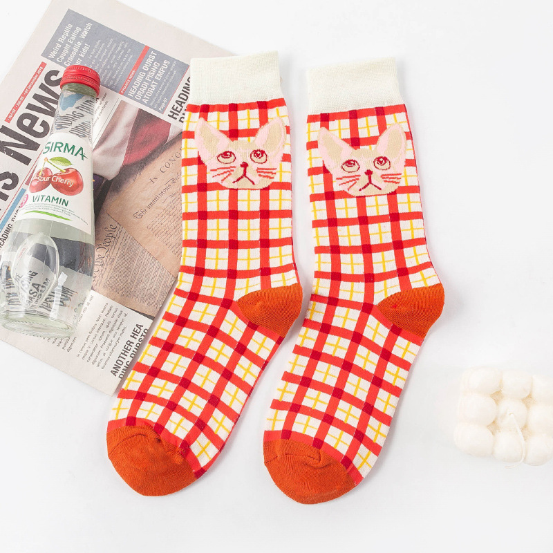 Picture of OLITA French Illustration Cartoon Artistic Plaid Women's High-rise Japanese Style Retro Casual Cute Socks Ins Trendy