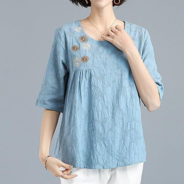 Picture of Renaissance Jacquard CoTTon and Linen Three-quarTer Sleeve T-shirT Women's Summer Loose Large Size Belly-covering Slimming Look Embroidered Casual Top