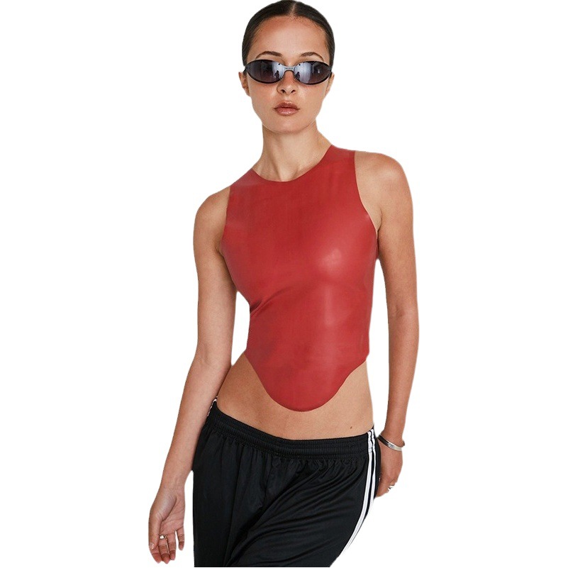 European and American Women's 2024 New Leather Simple Hot Girl Round Neck Sleeveless Irregular Hem Top Small Vest for Women