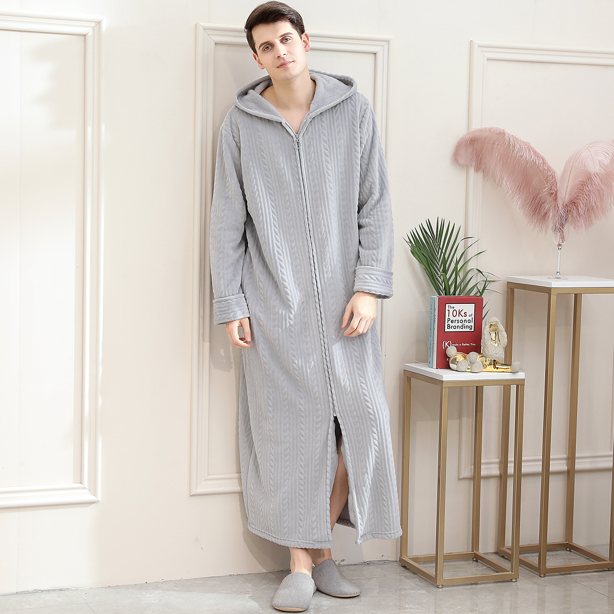 Picture of Couple Autumn and Winter Thickeneded Warm Flannel Nightgown Women's Long Men's Large Size Coral Velvet Bathrobe Zipper Pajama Dress