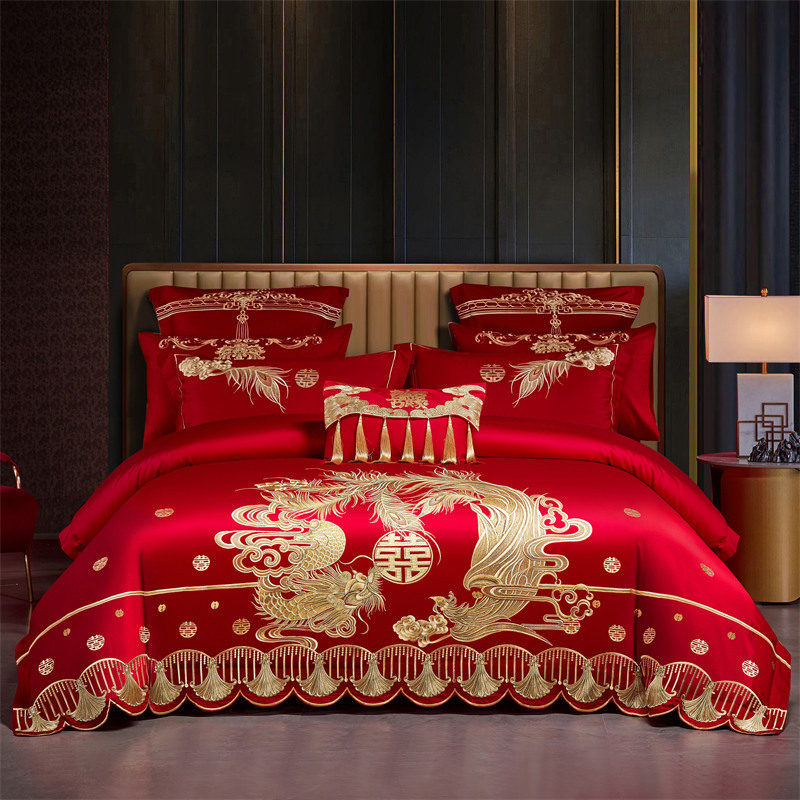 Picture of High-End 120S Pure Cotton Long-Staple Cotton Wedding Four-Piece Set New Chinese Style Dragon and Phoenix Embroidery Wedding Red Bedding