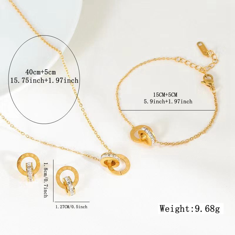 Picture of Double ring Roman digital inlaid zircon jewelry suit fashion stainless steel bracelet bridal earrings Jewelry necklace three pieces