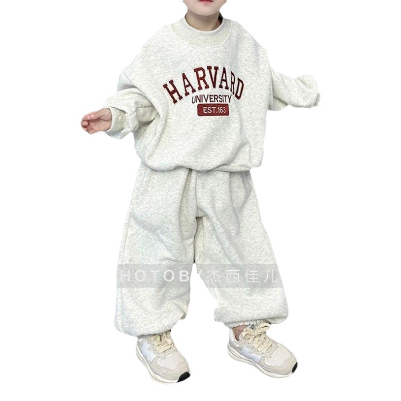 Ins Boys and Girls Winter New suit Fashion Simple Letter Loose Casual Children's Wear Fleece Swedie Two-piece Set