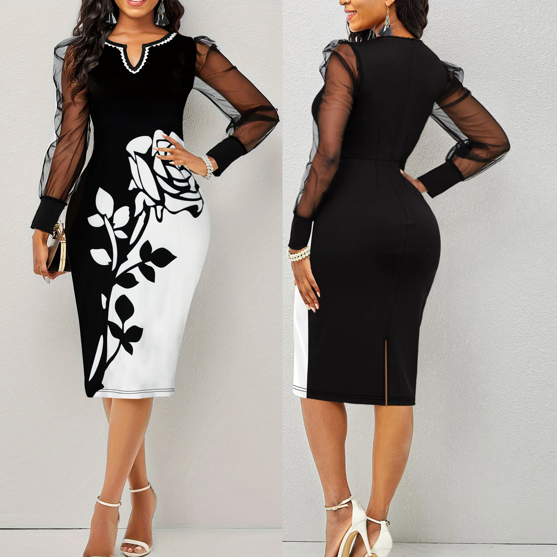 Picture of Cross-border Amazon European and American Spring and Autumn Sexy V-neck Printed Mesh Spliced Dress Long-sleeved Slim-fit Hip dress Women