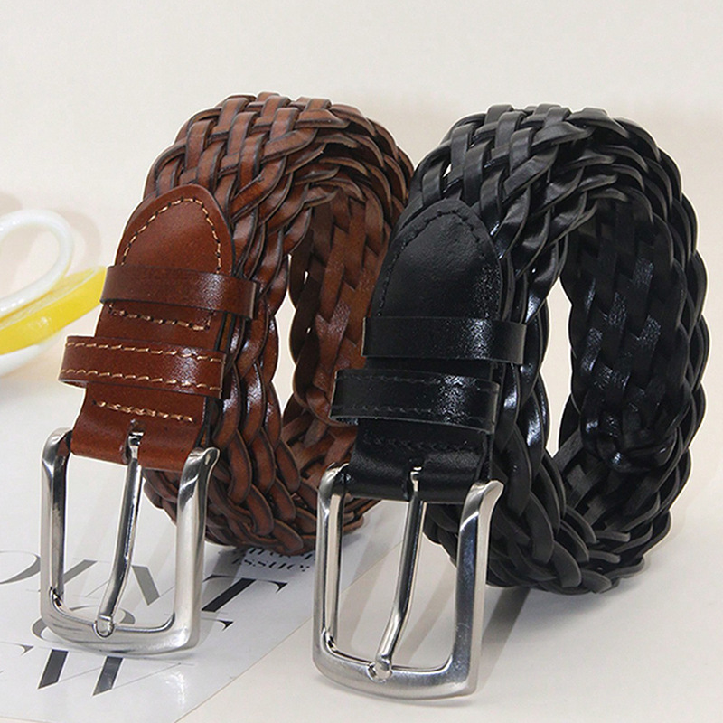 Vintage Thickened Hand-woven Crushed Cowhide Synthetic Belt Classic Square Pin Buckle Jeans Trouser Belt