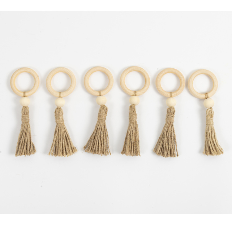 ins Nordic Style Hemp Rope Log Color Wood Beads Tassel String Napkin Buckle Hand-woven Hanging Wall Decoration Wall Hanging