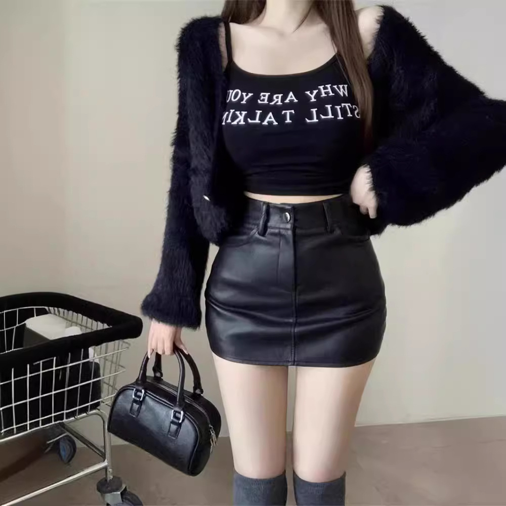 Spice Girls Sexy Leather Skirt Skirt Women's Spring and Autumn 2024 New plus size chubby girl High Waist Slimming All-match Hip Skirt