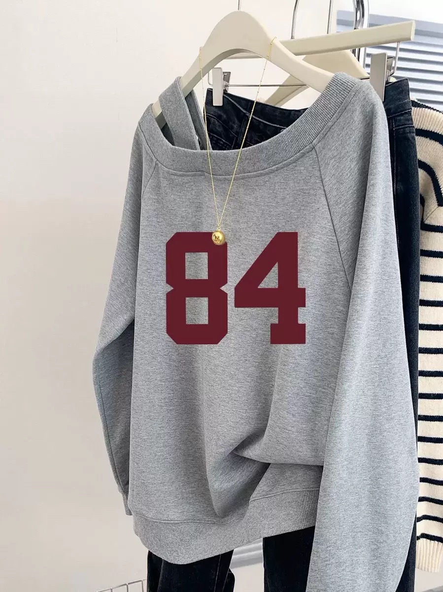 Grey American Style Slant Shoulder Open Shoulder Hoodie Women's Early Autumn Spring and Autumn 2024 New Lazy Thin Long Sleeve Top