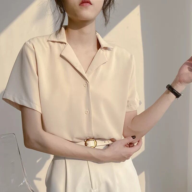 Picture of 2023 spring and summer new retro Hong Kong style Korean style professional suit collar long sleeve lapel short sleeve shirt Women's solid color top