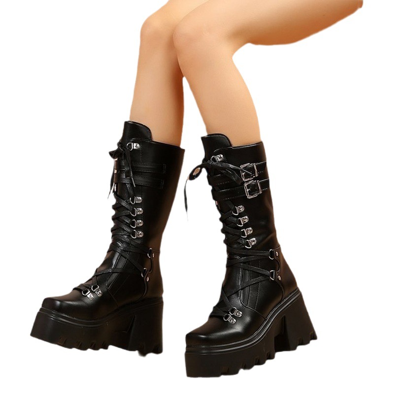 Cross-border Martin boots 2023 autumn and winter New rivet lace-up chunky heel mid-calf boots Women's European and American plus size Knight boots