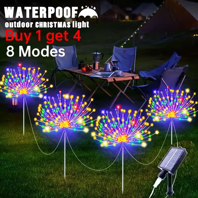 Solar floor lamp LED dandelion lamp string outdoor courtyard decorative lamp lawn lamp one drag four fireworks lamp