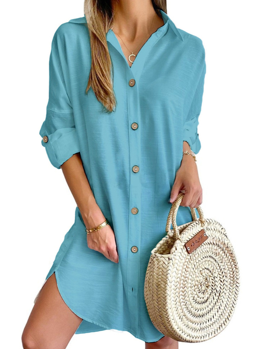 Spring and Autumn Casual Long Sleeve Lel Button Shirt dress Women's Clothing