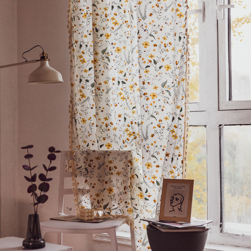 Curtain Finished Japanese and Korean-style Floral Fresh Punch-free White Printed Cotton Girl's Room Small Window Privacy Curtain