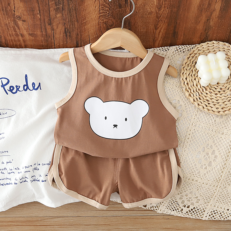 Summer New Foreign Style Cool Handsome Baby Internet Celebrity Fashionable Bear Head Printed Round Neck Vest suit Foreign Trade Boys suit