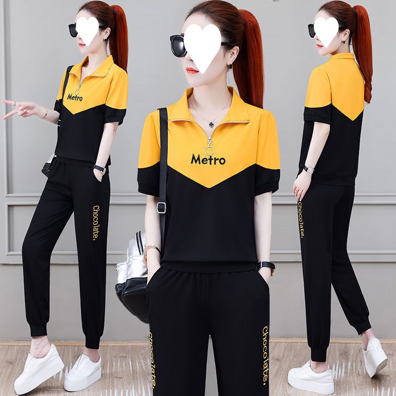 Sportswear casual suit women's 2023 Summer new running clothes fashion loose slimming plus size stand collar two-piece suit