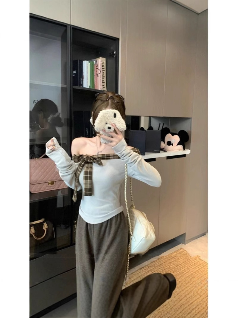 Plaid Stitching Lace-Up off-Shoulder T-Shirt Women's Winter Sanding Thickened Base Inner Pure Tight Short Top