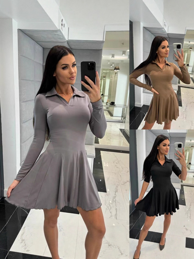 European and American Foreign Trade Amazon Aliexpress Autumn Women's Clothing New Style Solid Color Waist-Cinching Long-Sleeved Lapel Dress for Women