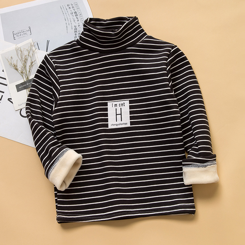 Picture of 2025 Kidsren's Bottoming Shirt Half Turtleneck Fleece-Lined Stripesd Long-Sleeved Warm Top for Boys and Girls Trbottomy Korean Style Autumn and Winter Kidsren's Clothing
