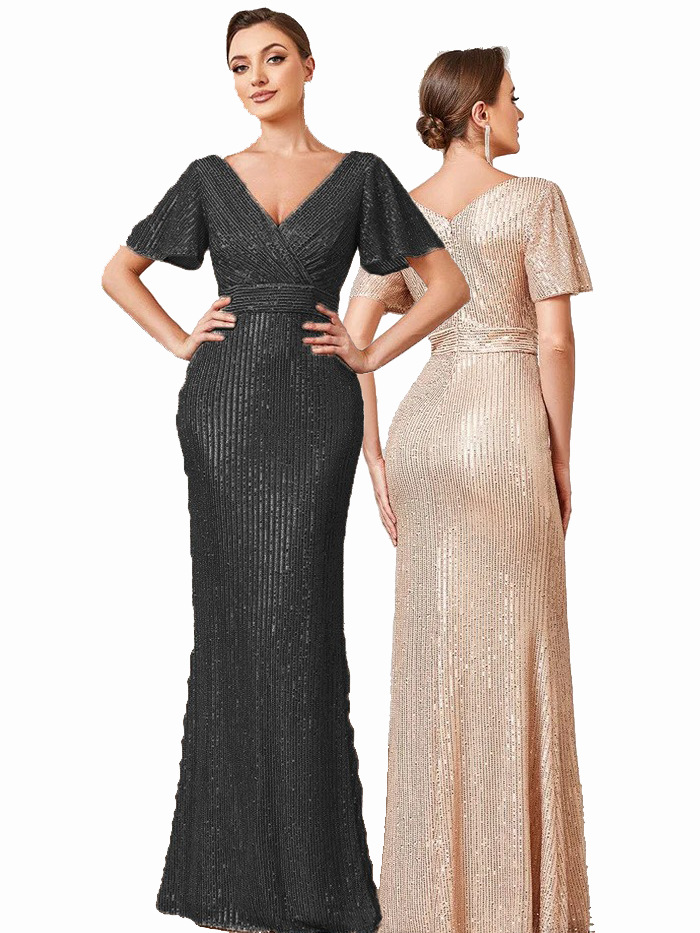 Picture of Cross-border European and American Sexy V-neck Sequin Floor Evening Dress Elegant Split Banquet Party Party Party Party Dress