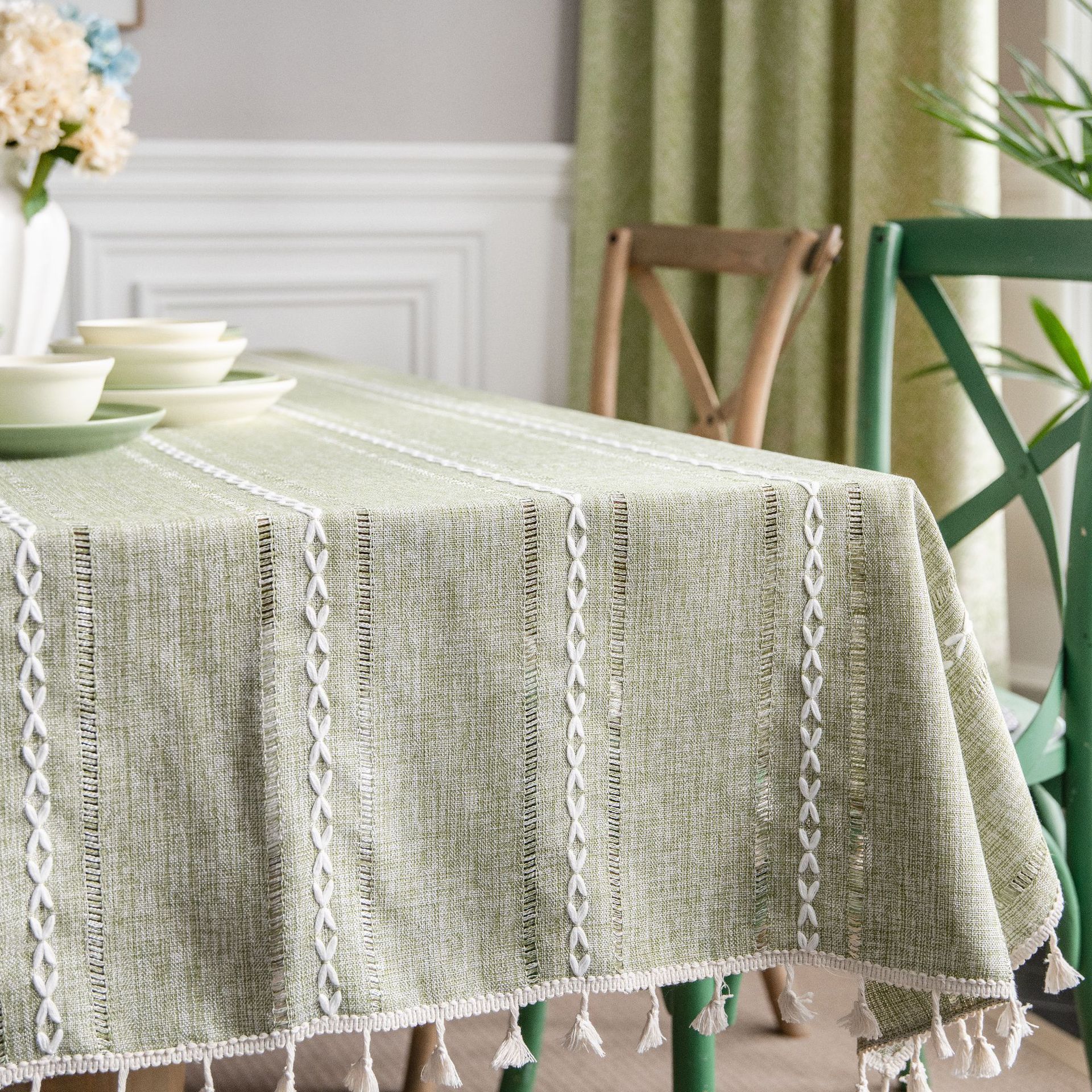Picture of Yuman Qiyun Tablecloth Green Hollow American Country Fabric Cotton Linen Clear Cyber Celebrity Ins Rectangular Tablecloth