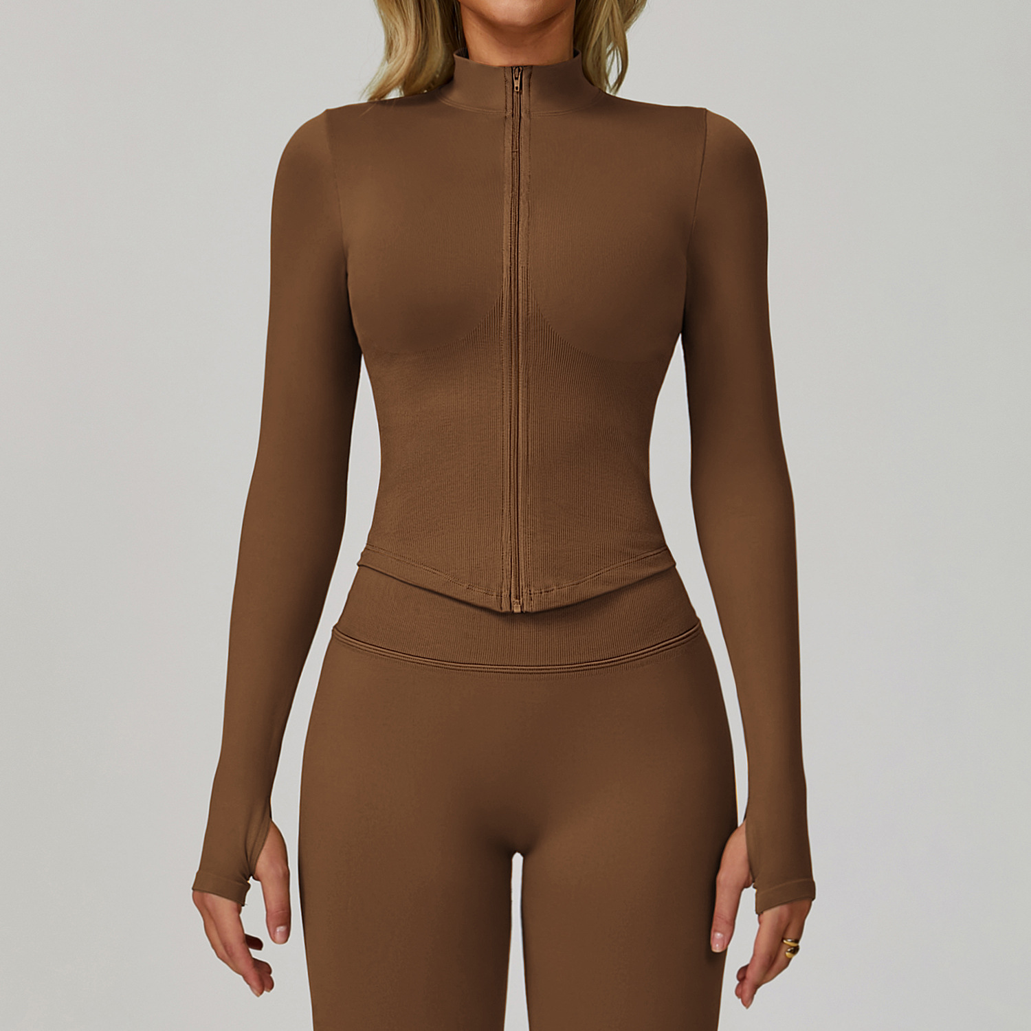 Picture of European and American stand collar zipper long sleeve yoga coat women's tight-fitting quick-drying yoga clothing outdoor fitness sports top 7725