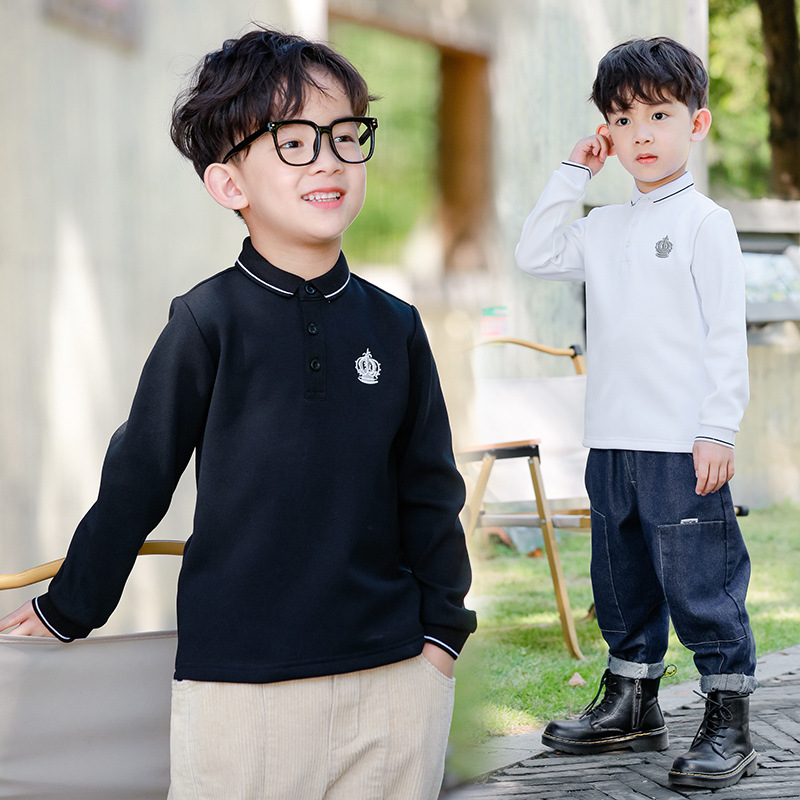 Picture of Boys' Long-sleeved T-shirt Fleece-lined Polo Shirt White Base Shirt for Middle and Big Children