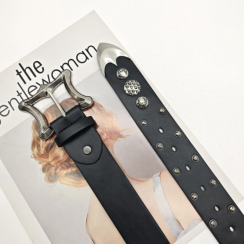 Personalized Niche Double-Row Claw Bead Nails Motorcycle Style Dark Crown Pin Buckle Decorative Belt Trendyy Fashion Vegetable Tanned Trouser Belt