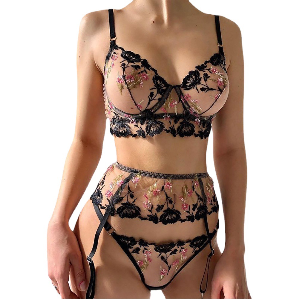 Cross-border supply European and American Foreign trade sexy lingerie sexy women's black lace perspective underwear three-piece set Wholesale