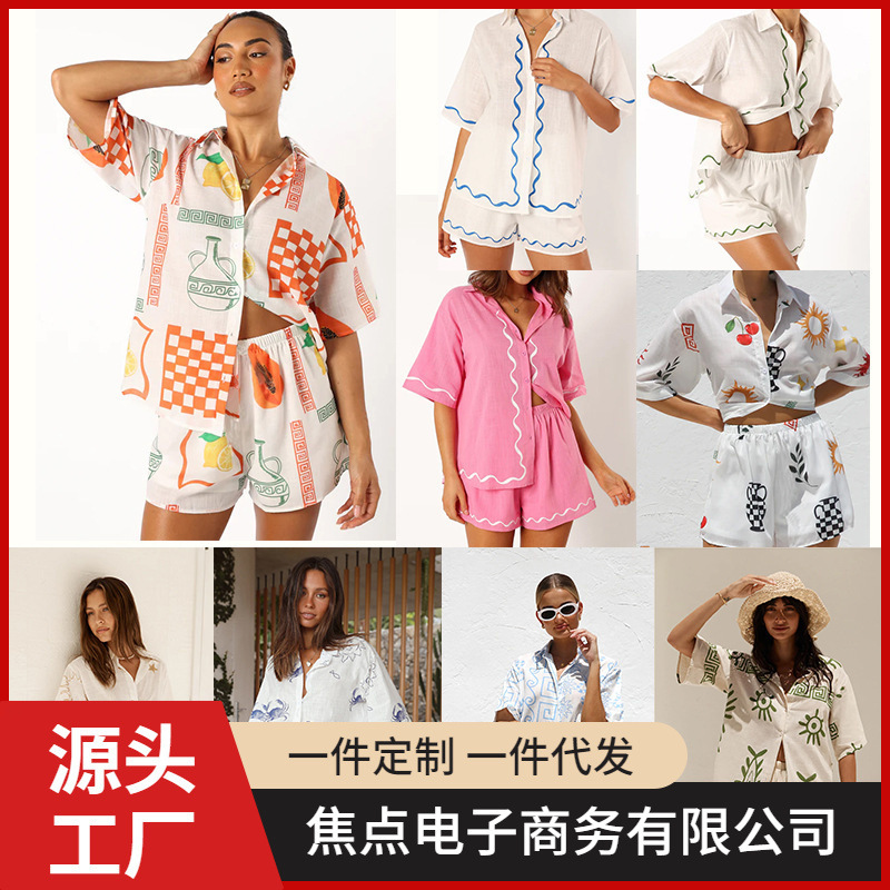 2024 spring and summer Amazon Europe and the United States cross-border fashion women's printed loose short sleeve shirt shorts POD customization