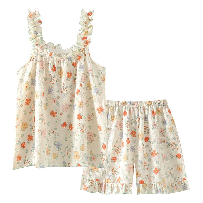 Summer Sling Short Sleeve Shorts Pajamas Cute Sweet Home Clothes Cotton Yarn Girl Sling suit Cotton Loose